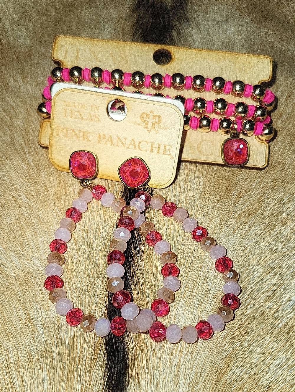 Pink Panache Gold-Accent Beaded Hoop Earrings with Pink Crystal Studs